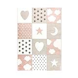 havatex Kinderteppich Karo Mix - Rosa Blau oder Grau | Patchwork mit Sternen Herzen Punkten Wolken | Öko-Tex Siegel | für Kinderzimmer Babyzimmer, Farbe:Rosa, Größe:120 x 170 cm