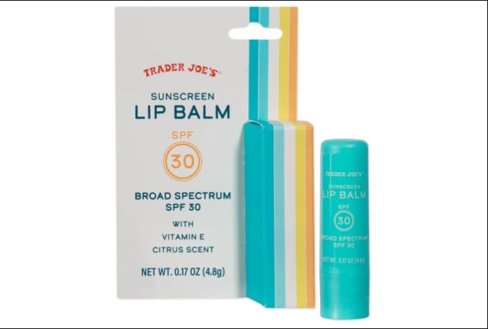Trader Joe's Sunscreen Lip Balm SPF 30, Broad Spectrum Lip Sunscreen with Beeswax & Raspberry Seed Oil, Moisturizing Lip Protection, Vitamin E, Twist-Up Applicator, 0.17 oz