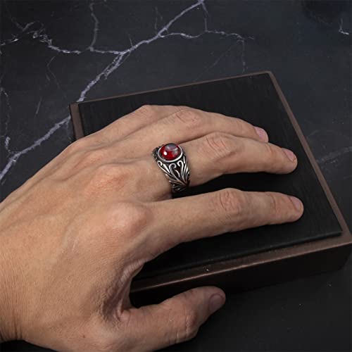 Elfasio Gemstone Ring Men Stainless Steel Vintage Openwork Pattern Red Stone Silver Ring Size 10 #TOP4