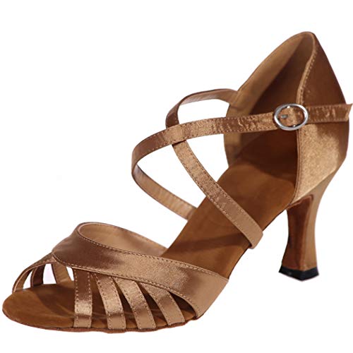 MGM-Joymod Women's Peep Toe Flared Heel Comfortable Samba Rumba Ballroom Latin Modern Dance Shoes Wedding Party Sandals/Brown 8.5 M US