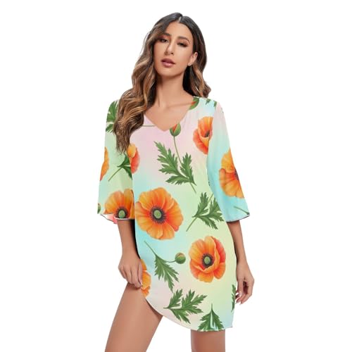 Robe en mousseline fine chic orange poppy flowers avec coupe manches 3/4
