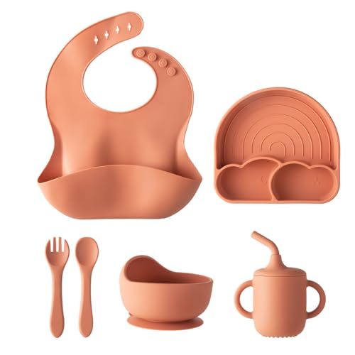 6 Pieces Silicone Baby Feeding Set?Baby Led Weaning Supplies?Utensils Food Grade Non-Bpa Strong Suction 3 Divided?Rainbow Suction Plate+Spoon+Fork+Bowl+Water Cup+Bib? (Brick red)
