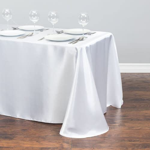 HEMEIREN Nappe Blanche rectangulaire, Blanc Satin Nappe, Lavable Nappe Carrée, pour la Fête, Mariages, Hôtel,Banquet, 145x250cm(57x98pouces) Cover