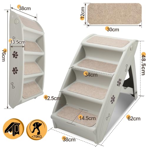Jiubiaz Hundetreppe Klappbare Haustiertreppe 48,5cm Hoch, 4-Stufig Faltbare Katzentreppe, Hunderampe, Maximale Belastung 75kg, Tiertreppe mit Rutschfester Matte für Hunde und Katzen (grau)