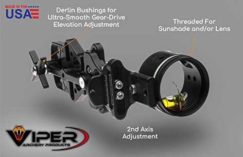 Viper Archery Sidewinder Compound Bow Sight - Made In Usa - Machined Aluminum - Bright Fiber-Optic Single Pin, Toolless Quickset Gear-Drive Elevation Adjustment, 0.010 Pin #TOP2