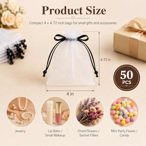 Image of Hopttreely 50PCS White Organza Bags with Black Drawstring, 4x4.72INCH Multi-Purpose Mesh Gift & Fruit Protection Bags for Wedding Favors, Jewelry, Christmas, Sachet, Easter, St. Patrick's Day, Party Supplies, Garden Plant Netting