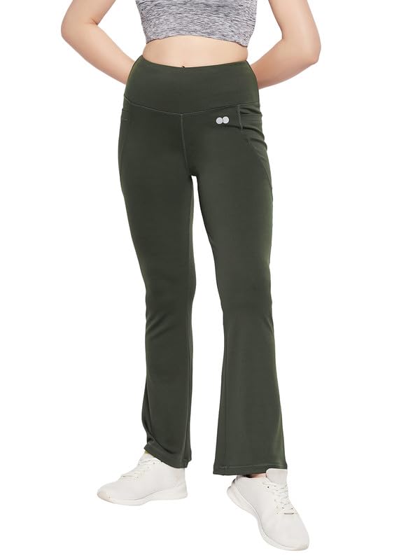 Image of Clovia Women's Comfort Fit High-Rise Flared Yoga Pants with Side Pockets (AB0119R17 Green M)