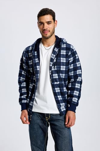 Image of TanBridge Plaid Flannel Hoodie Sherpa Fleece Lined Shirt Jacket Cotton Hoodies Zip Up Winter Warm Coat