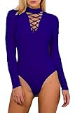 Mulisky Ladies Sexy V Neck Lace up Stretch One Piece Bodysuit Jumpsuit Leotard L Blue