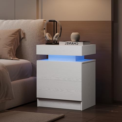 IRONCK Nachttisch Weiß mit LED, Moderne Nachtschrank mit Ladefunktion – Ansicht 6