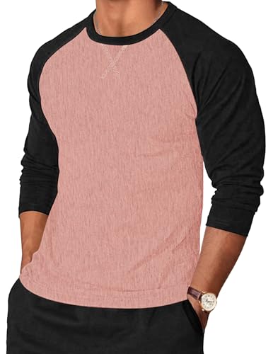 TARAINYA Herren T-Shirt Baumwolle Rundhals Shirts Langarmshirt Basic Tshirts Raglanärmel Longsleeve Männer Rosa Schwarz 3XL