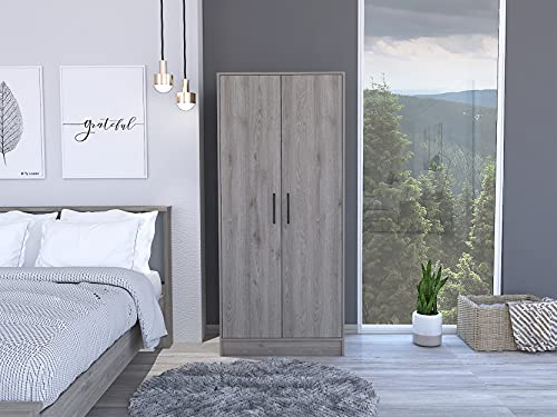 FM FURNITURE Rio 71-inch Tall Double Door Armoire with 1 Cabinet, 1 Rod, and Hidden Drawer, Light Grey