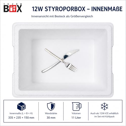 Foto von THERM BOX Styroporbox 12W Innen: 33,5x23,5x15cm Wand: 3cm Volumen: 12L Isolierbox Kühlbox Warmhaltebox Wiederverwendbar