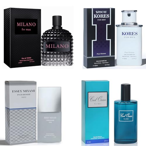 META-BOSEM Mens Cologne Set, Eau de Parfum, 4 Pack (3.4 oz / 100 mL Each), Essey Miyami, Valentine for Men, Cool Ocean, Kores, Classic Barbershop Mix, for commute, summer days and travel