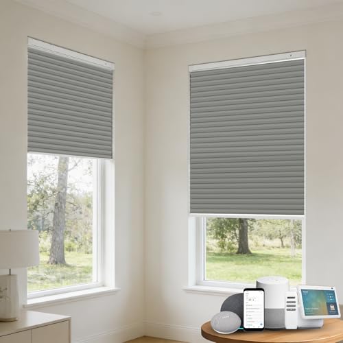 Uilvffo Motorized Cellular Shades with Remote, Blackout Smart Cellular Shades Compatible with Alexa, Cordless Honeycomb Window Blinds for Bedroom Home Office, Custom Size, Blackout Light Grey
