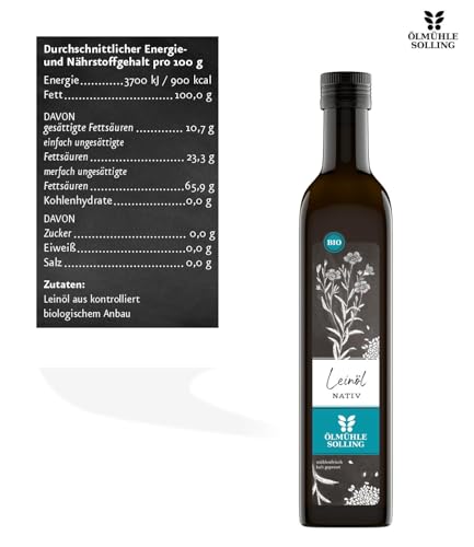 ÖLMÜHLE SOLLING - BIO Leinöl | Täglich mühlenfrisch kaltgepresstes Öl aus Leinsamen. Leinöl mit mildem und nussigem Geschmack. Reich an Omega-3-Fettsäuren | Inhalt: 500 ml