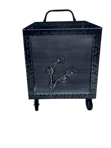 Porta Legna con Ruote, Porta Pellet, in Ferro Battuto, 52 x 50 x 84h cm, Motivo Floreale, Per Camino e Stufe (Grigio)