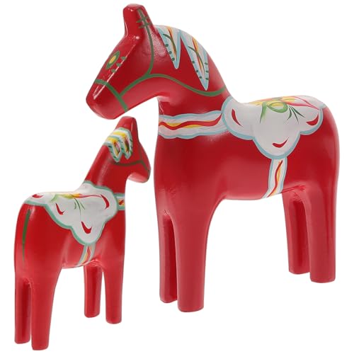 KICHOUSE Adorno de Caballo de Madera Pintado Rojo Figura Decorativa de Madera Maciza Par de 1 Set para Decoración Creativa de Sala Habitación Infantil y Escritorio en Hogar