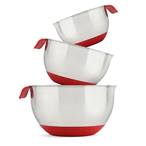 Stellar Stainless Steel Mixing Bowl Set. Red Salad Bowls with Silicone Grips
