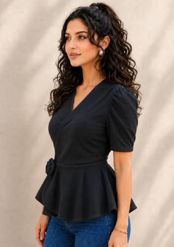 Image of IUGA Women Black Wrap Peplum Top for Women | Puff Half Sleeves V-Neck Casual Western Top | Stylish Regular Fit Tops for Girls