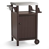 Mesa portátil para exteriores y armario de almacenamiento con ganchos para parrilla (color marrón)