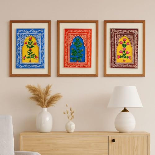 Image of SHREE 'O' GREEN TECH Set Of 3 Handcrafted Wooden Unique Jharokha Wall Hanging Multicolor Rajasthani Window Frame for Home, Living Room, Bedroom & Office Decor (9x15 Inch)