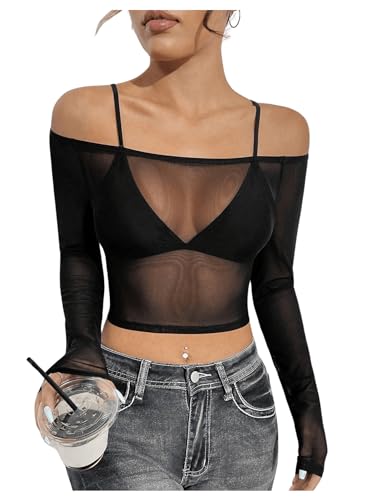SHENHE Women's Off Shoulder Sheer Mesh Cropped Tee Long Sleeve Sexy Slim Fit Shirt Top4