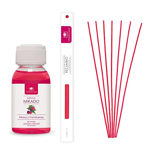 CRISTALINAS. Recambio ambientador Mikado. 0% Alcohol. Mas de 12 semanas de duración. 100ml. Aroma Moras (Recambio + Cañas) Cover