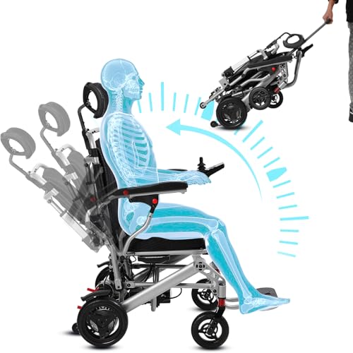 WEYRAL Silla de ruedas eléctrica plegable ligera, silla de ruedas reclinable, silla de ruedas con barra de andador, 2 x 12 Ah, silla de ruedas eléctrica plegable, 45 km