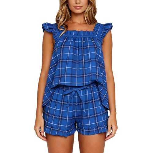 Image of SOOKABEILA Women 2 Piece Lounge Set Sleeveless Striped Cami Peplum Top Boxer Shorts Loose Ruffle Matching Pj Sets Outfits