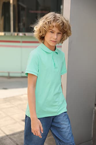 Boys' School Uniform Short Sleeve Polo Shirt, Button Closure, Moisture Wicking Stretch Sport Shirts For Kids And Teens Mint Green #TOP3