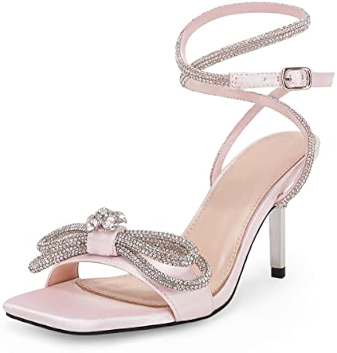 Coutgo Womens Rhinestone Bow Heels Sandals Strappy Lace Up Stiletto Satin Pumps Wedding Dress Shoes