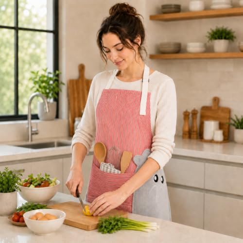Image of PUJI 1 Pcs Women Kitchen Apron with Hand Wipe Pockts, Big Pocket,Hand-wiping, Waterproof for Cooking Baking,Center Pocket Hand Towel Women and Men (1 Pcs)