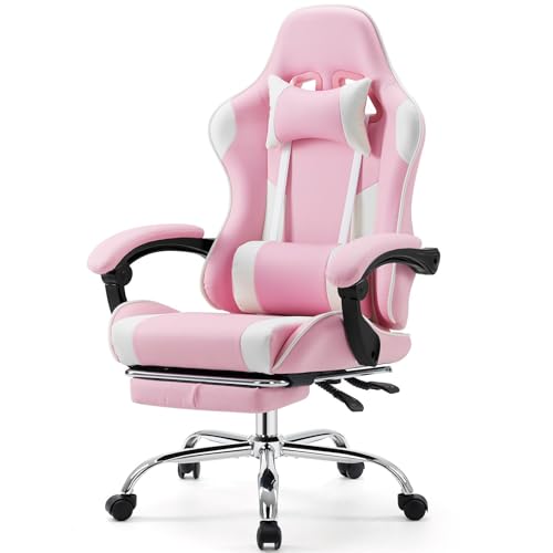 Sweetcrispy Video Game Desk Chair, Ergonomic High Back PU Leather Computer Gaming Chair with Headrest & Linkage Armrest, Height Adjustable with 360° Swivel, for Adults, Pink