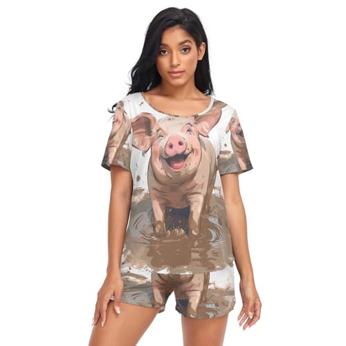 Ensemble de pyjama à manches courtes pour femme Cute Piggy Mud Pig haut de gamme