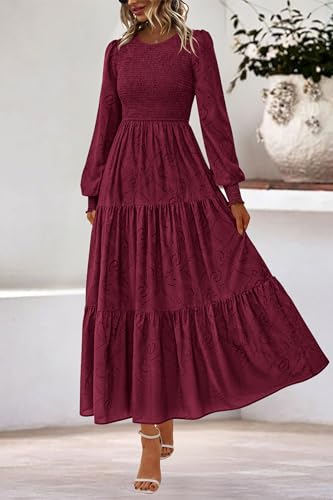 dowerme Maxi Dresses for Women 2025 Long Sleeve Floral Smocked A Line Polka Dot Flowy Boho Vacation Dress Fall Clothes3
