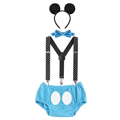 OwlFay Bebé Niños Ratón 1er / 2do / 3er Cumpleaños Traje 4 Piezas Conjuntos de Ropa Algodón Calzoncillos + Tirantes + Pajarita + Diadema de Oreja Halloween Carnaval Trajes 0-3 Años 6-12 Meses