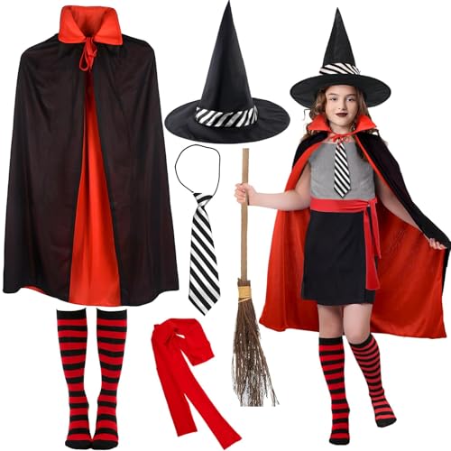 iZoeL Witch Costume for Girls 2026 World Book Day Costumes Magical Book Character Outfit for Kids Witch Dress Up School ancy Dress - Cape Hat Striped Tie Red Sash