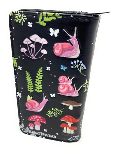 Shag Wear Snail and Mushroom Forest Large Insect Wallet for Women and Teen Girls Vegan Faux Leather Black 7"2
