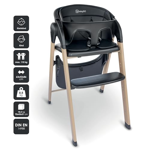 babyGO Levels Hochstuhl Newborn – mitwachsender Hochstuhl ab Baby, klappbar, belastbar bis 110 kg, sicher & stabil, verstellbare Fußstütze, abnehmbarer Tisch (Schwarz)