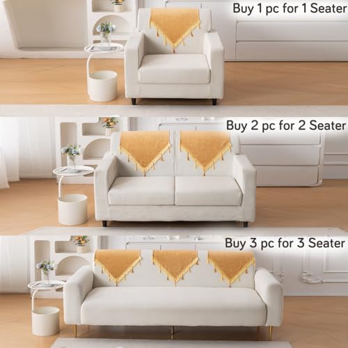 Image of HOKIPO 'Serenity Tassel' Chenille Sofa Back Cover with Tassels - 1 Pc Sunlit Amber (IN-894-GLD)
