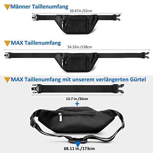 4 Taschen Bauchtasche Damen mit 35 cm verlängertem Gürtel Gürteltasche Herren Große Kapazität wasserdichte Hüfttasche Schwarz für iPad mini & iPhone 12 pro max- Bauchtasche für Sport