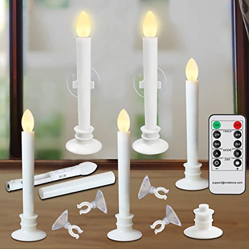 Image of 6 Pack Flameless Taper Candles with Remote /Timer & Suction Cup, Battery Operated Flickering LED Window Candles, Vintage Christmas Electric Fake Candlesticks, White Holder