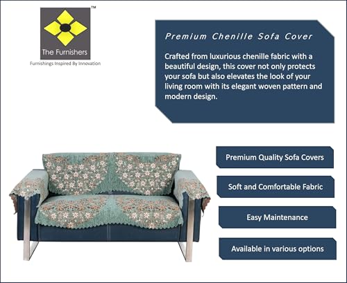 Image of Premium Chenille Woven Anti-Slip 2 Seater Sofa Cover with Arm Rest | L-Shape Sofa Seat Protector for Living Room | Durable & Stylish Slipcover - Teal Phoolkari