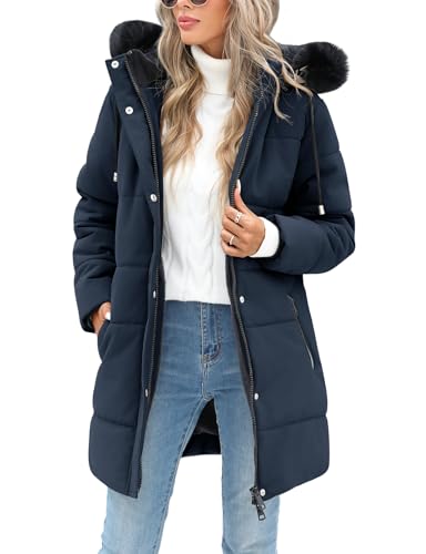 RITOSTA Abrigos Mujer Invierno Parkas Larga Plumifero Plumon Forro Polar Chaqueta Acolchada con Cremallera Sudadera con Capucha Desmontable de Piel Artificial para Deportes al Aire Libre (Marina,S)