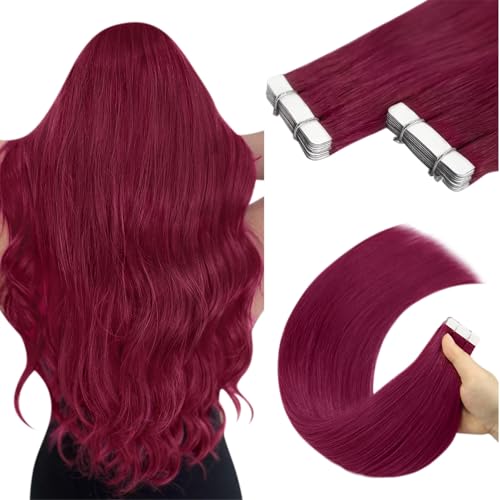 YoungSee Magenta Human Hair Tape in Extensions Burgundy Tape Hair Extensions Real Human Hair Colored Burgundy Tape-in Hair for Party 18In 25G 10Pcs