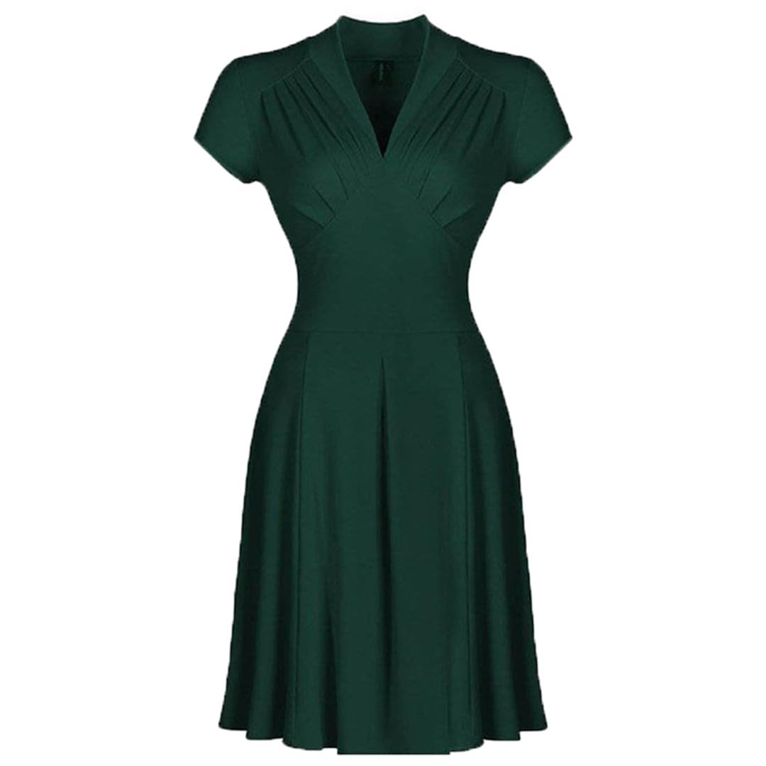 Solid Color Women Retro Vintage Party Dress EN8 Black Red V Neck Short Tunic Midi Summer Rockabilly Casual