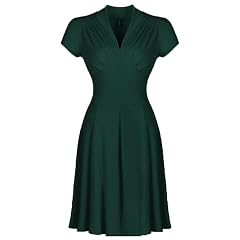 Solid Color Women Retro Vintage Party Dress EN8 Black Red V Neck Short Tunic Midi Summer Rockabilly Casual