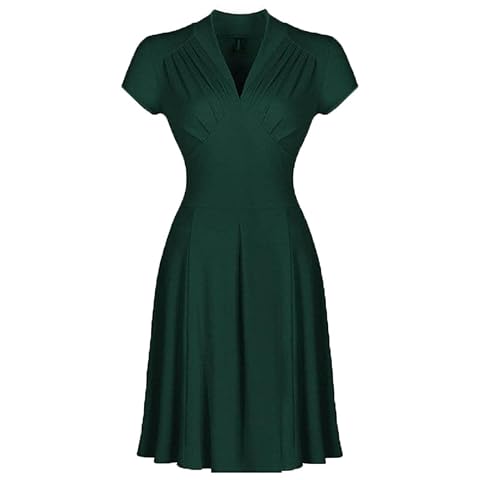 Solid Color Women Retro Vintage Party Dress EN8 Black Red V Neck Short Tunic Midi Summer Rockabilly Casual
