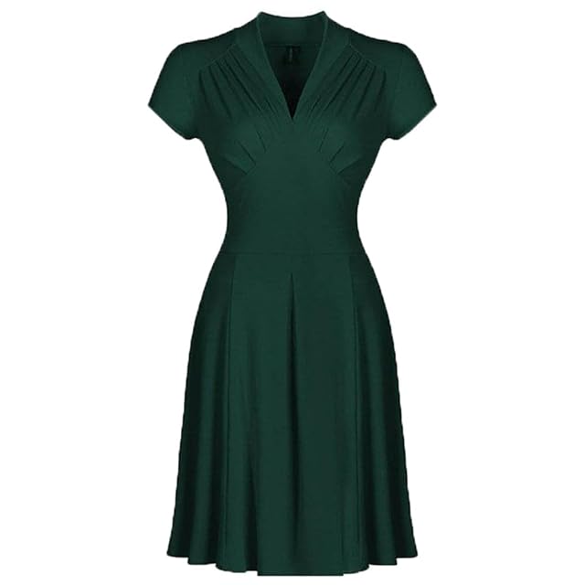 Solid Color Women Retro Vintage Party Dress EN8 Black Red V Neck Short Tunic Midi Summer Rockabilly Casual